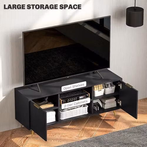 HOMCOM Modern Black Fluted TV Stand for TVs up to 55 Inch with Geometric Storage Cabinets W/D/H: 120 x 40 x 48 cm – 4