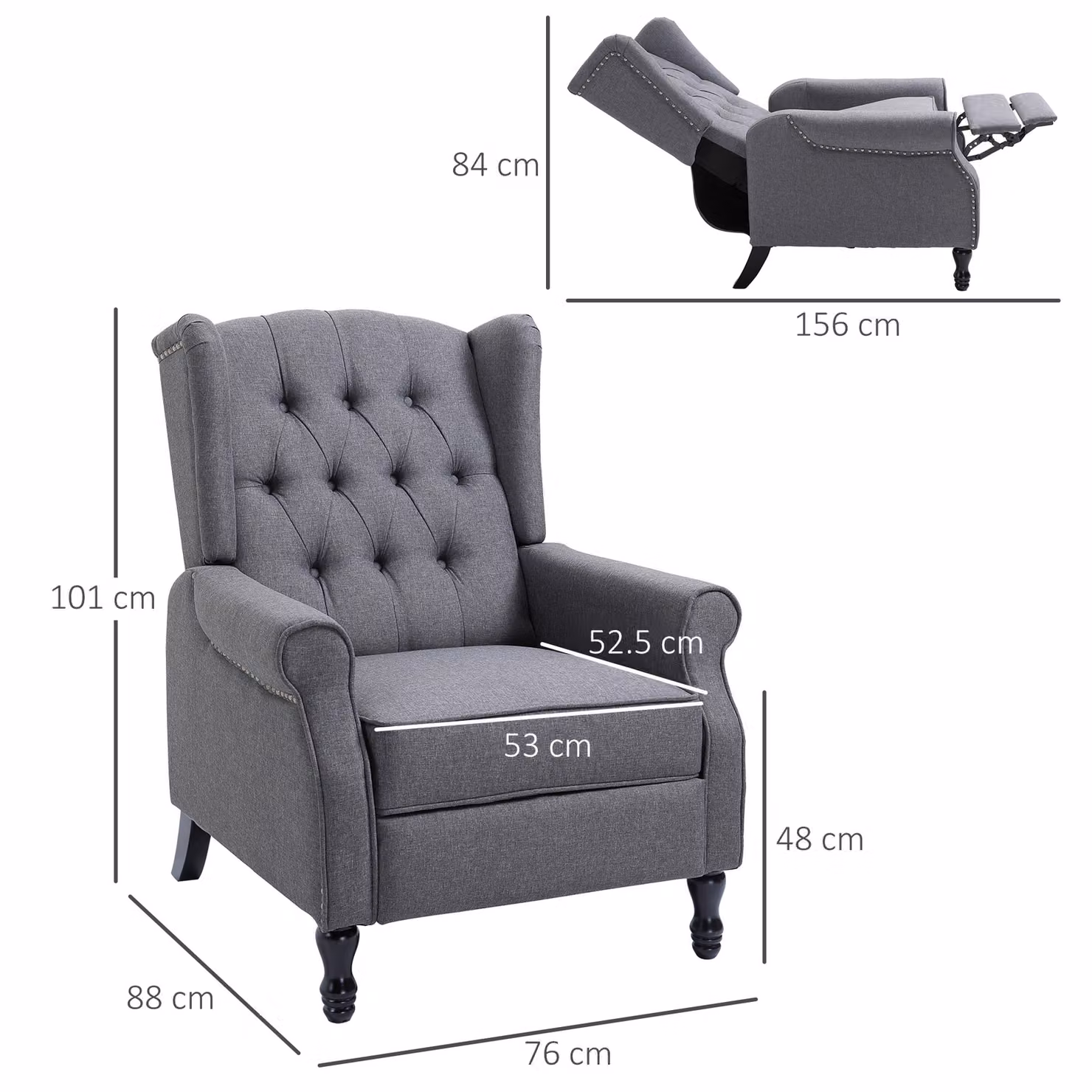 HOMCOM Grey Fabric Recliner Armchair with Integrated Footrest and Armrests – 3
