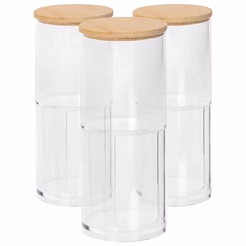 Harbour Housewares Pack of 3 Stackable Plastic Bathroom Canisters with Bamboo Lids in Transparent