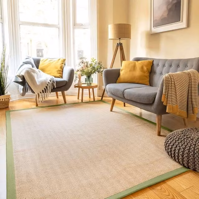 Kukoon Beige and Green Natural Jute Herringbone Pattern Non-Slip Flat Weave Rug, W: 200 cm, D: 290 cm