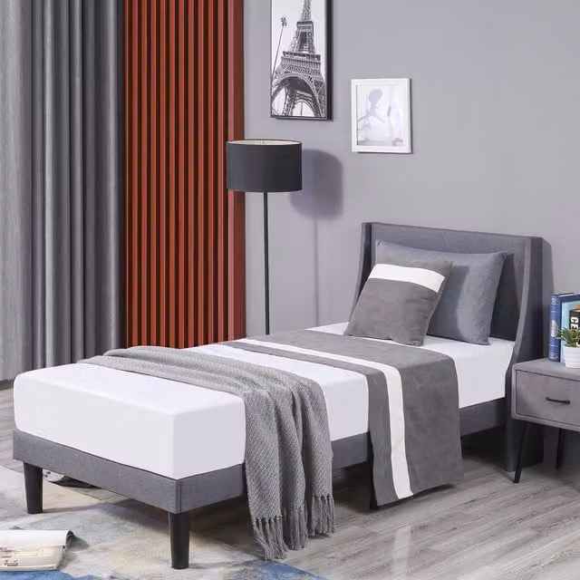 HomeTouch Soft Linen Upholstered 3FT Single Bed Frame with Winged Headboard and Wood Slats, Grey, W/D/H: 90 x 190 cm – 1