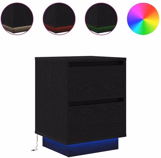 Berkfield Home Set of 2 Modern Black Bedside Cabinets with Integrated LED Lighting, W/D/H: 38 x 34 x 50 cm