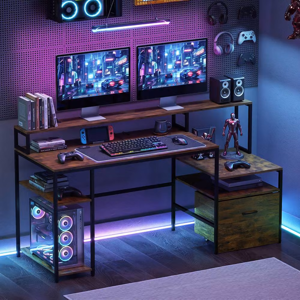 Gymax Brown Industrial Computer Desk with Multi-tiered Serving Tiers and Charging Station – 4