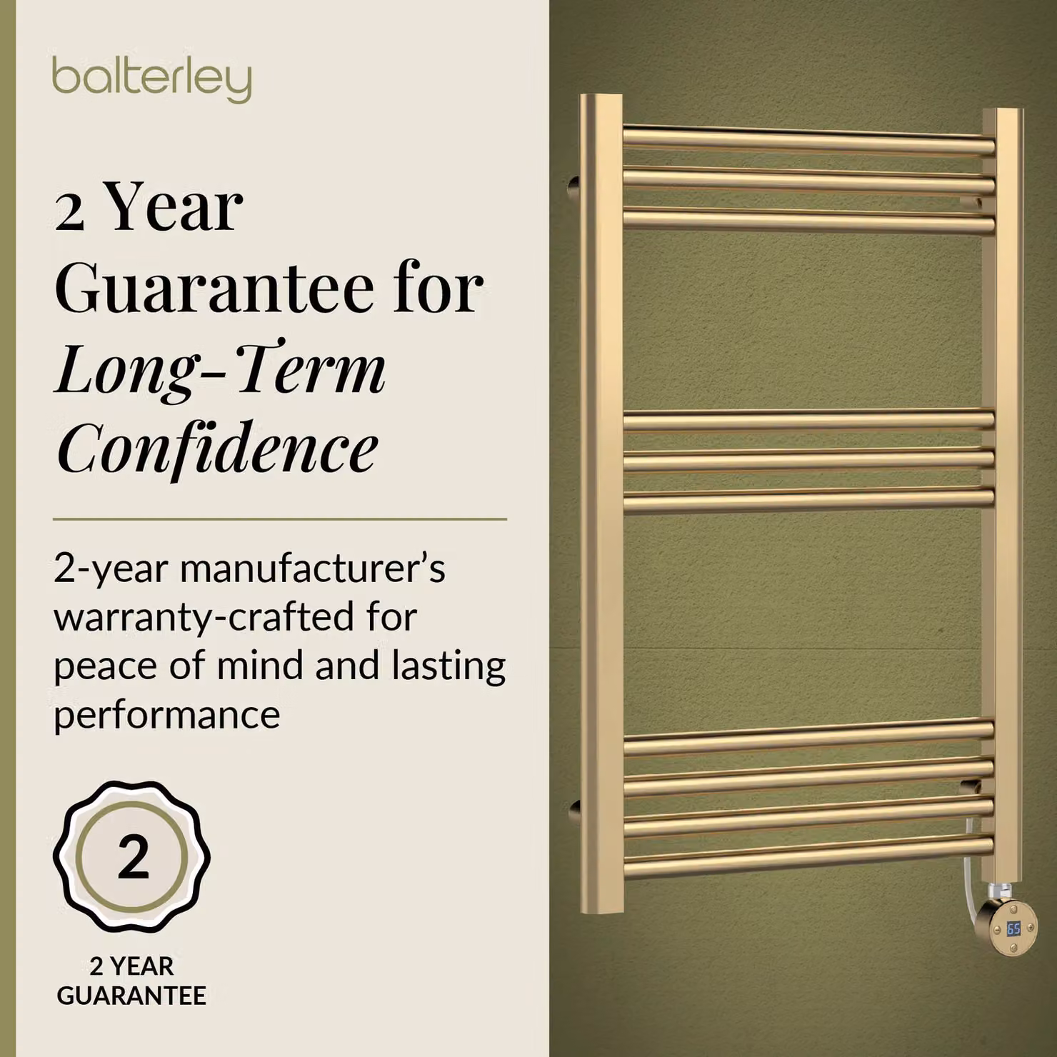 Balterley Round Tube 10 Bar Wall Mounted Towel Rail, Gold/Brass, W: 80 cm, D: 50 cm, H: 50 cm – 4