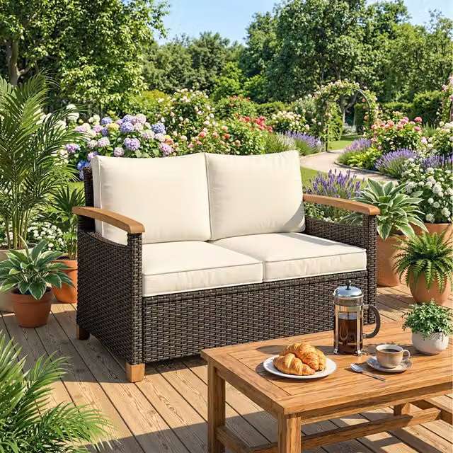 Outsunny 2 Seater Rattan Garden Sofa with Acacia Wood Arms and Upholstered Cushions, Brown