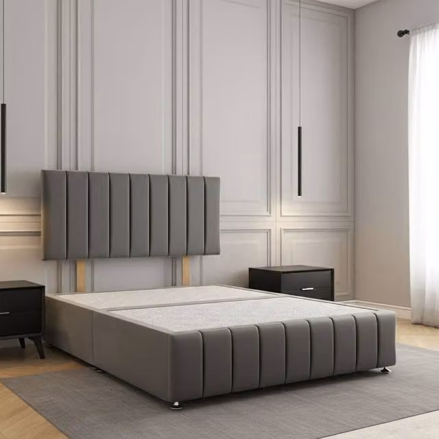 Regional Furnishings Grey Velvet Upholstered Single Divan Bed with 24 inch Headboard and Footboard, W/D/H: 90 x 190 cm