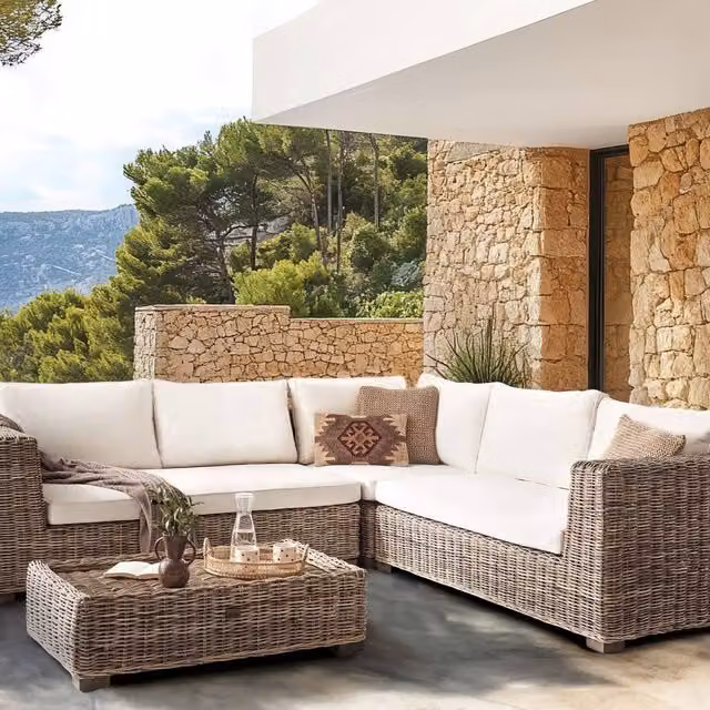 Wyld and Coco Grey 5-Seater L-Shape Garden Corner Sofa Set with Polyrattan Ottoman and Mango Wood Coffee Table