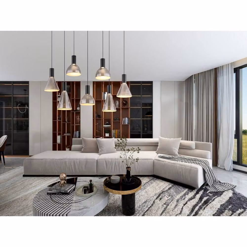 Globo Lighting Modern Suspended Pendant Light in Black and Smoke Grey Glass with Height Adjustable Metal Frame – 6