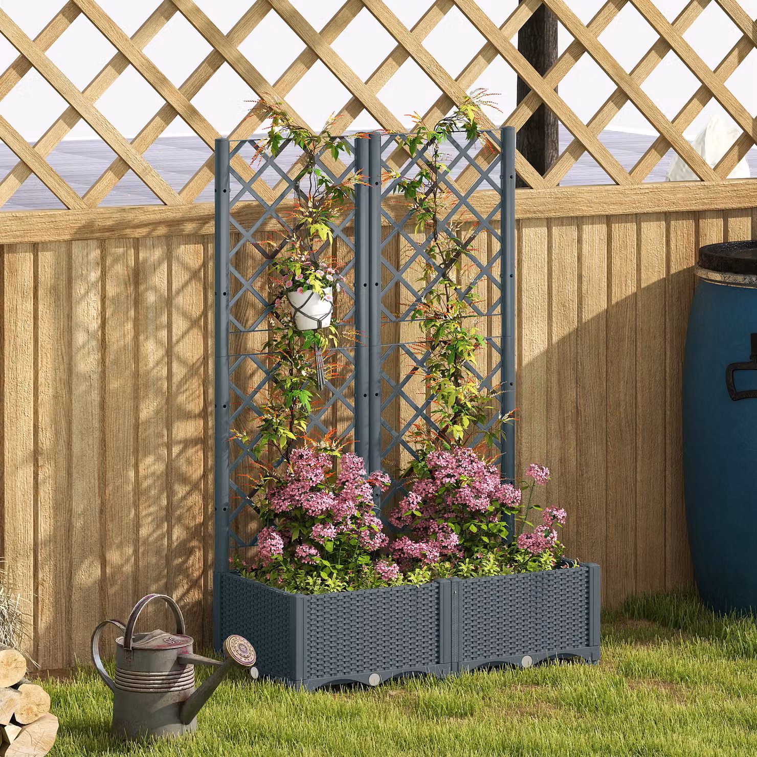 Outsunny Raised Garden Bed with Trellis and Water Reservoirs, Grey Plastic Planter Box for Vegetables and Climbing Plants, W/D/H: 123 x 80 x 40 cm – 6
