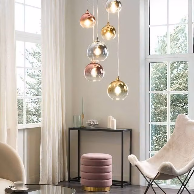 Wyld and Coco 6 Light Contemporary Pendant Lamp in Brass and Copper with Transparent Glass Spheres, Height Adjustable – 1