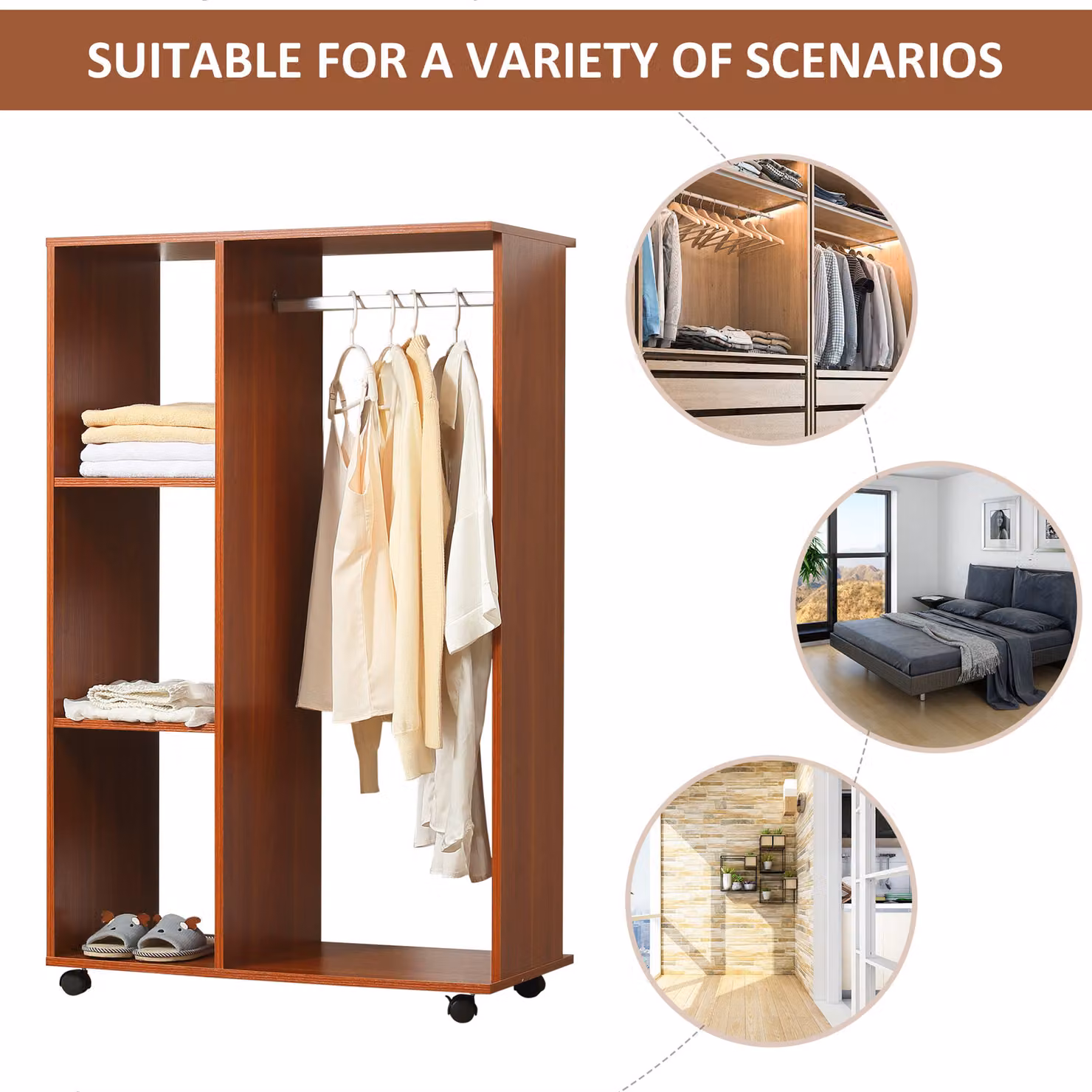 HOMCOM Rolling Open Wardrobe with Hanging Rail and Storage Shelves in Brown – 8