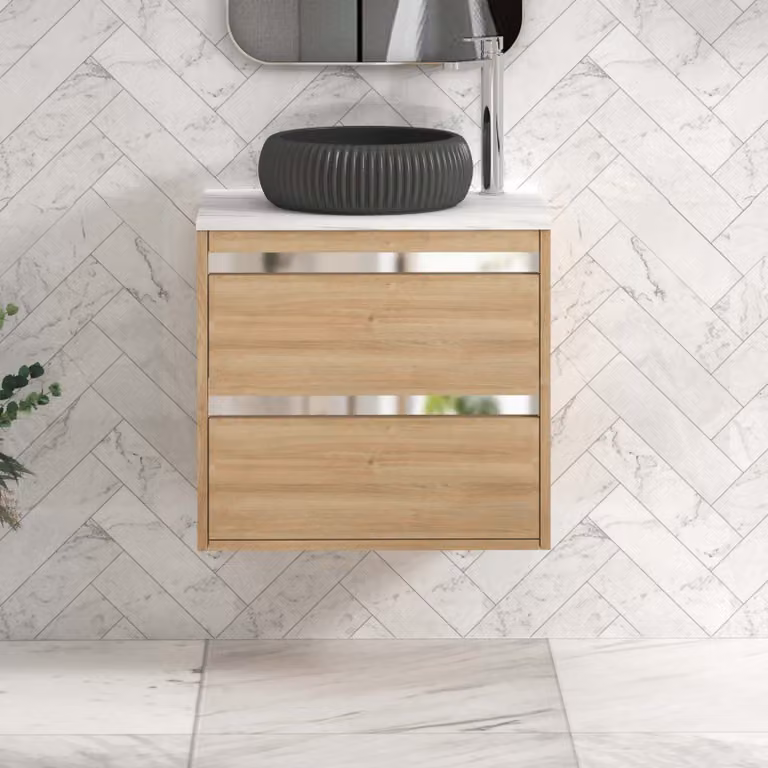 Royal Bathrooms Orion 800mm Natural Oak Wall Hung 2 Drawer Vanity Unit with Milan Black Basin and Chrome Accent Trim