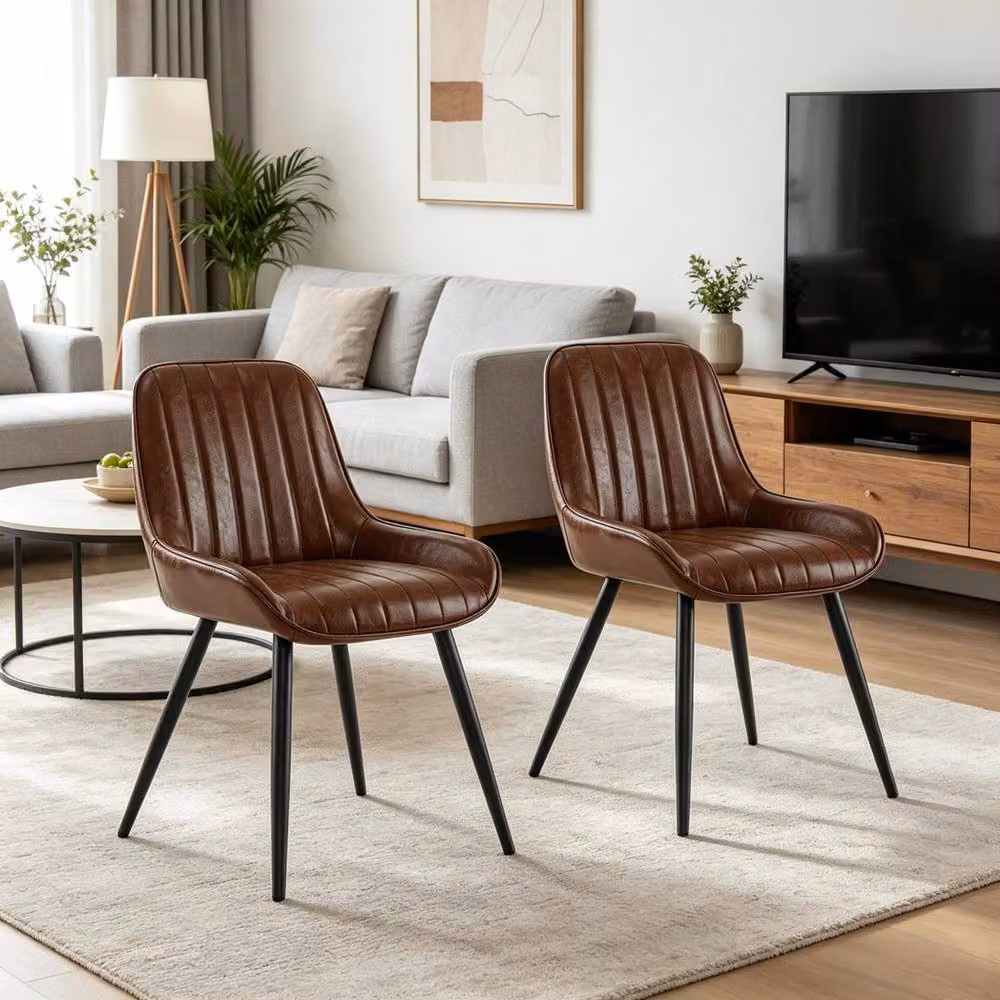 Merax Set of 2 Modern Upholstered Faux Leather Dining Chairs with Metal Legs in Brown – 3