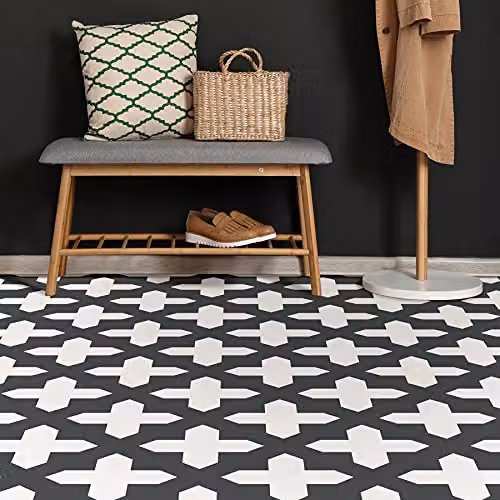 FloorPops FP3308 Nordic Self-Adhesive Geometric Tile-Look Floor Tiles, Black and White – 5