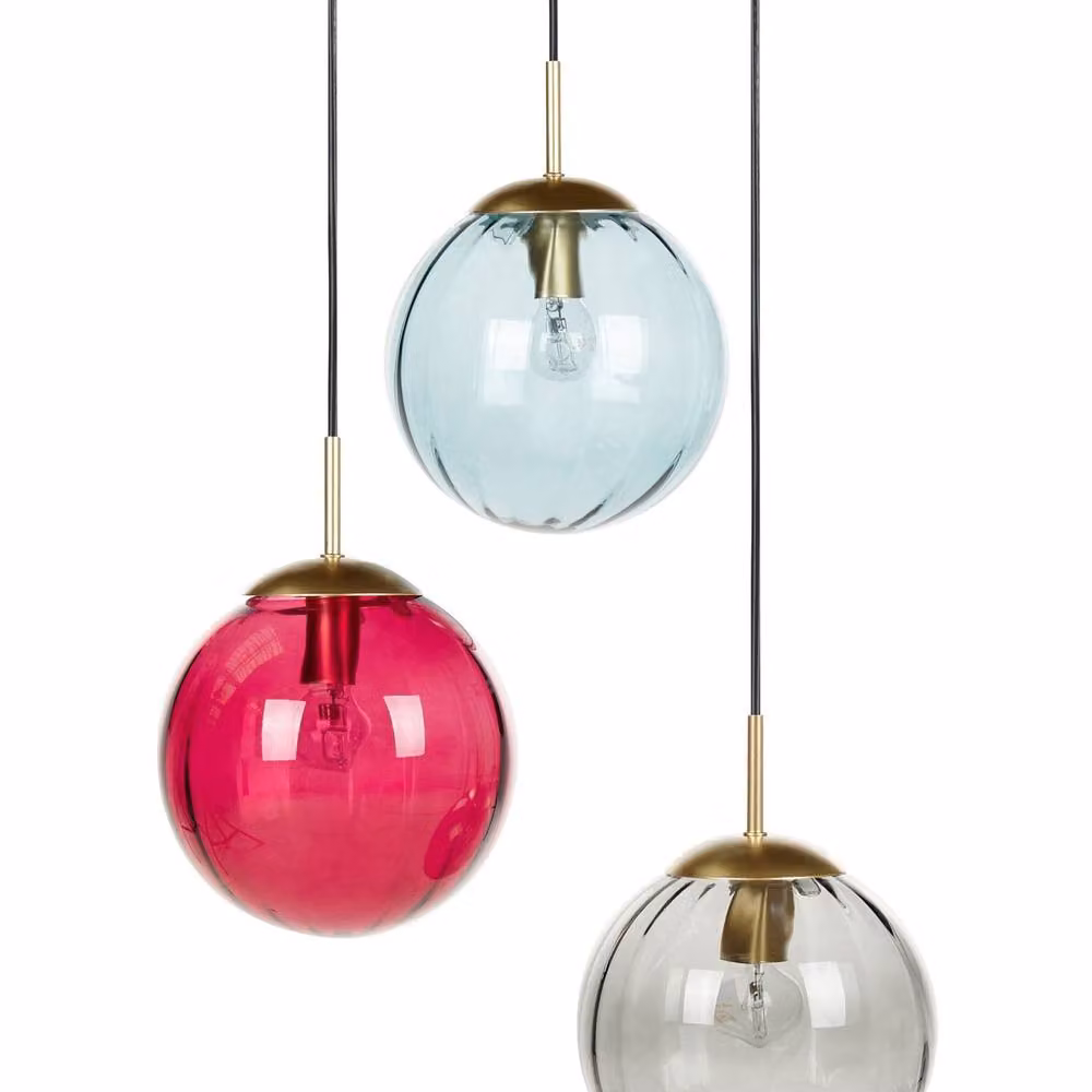 Wyld and Coco Three-Light Modern Pendant Lamp with Multicolour Glass Spheres and Brass Metal Frame