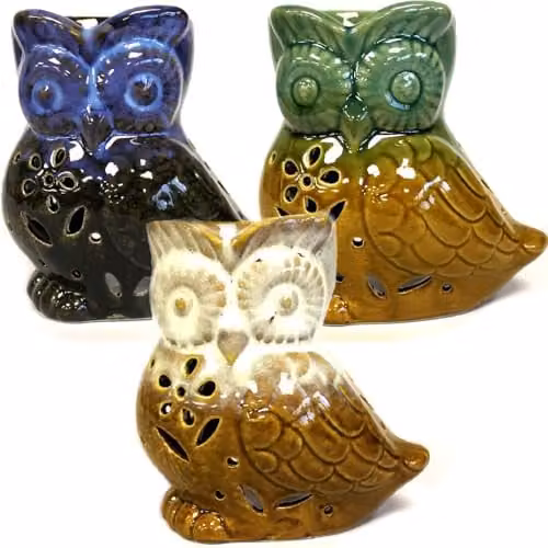 KDMD Classic Rustic Ceramic Owl Side-on Tealight Oil Burner in Brown and Multicolour