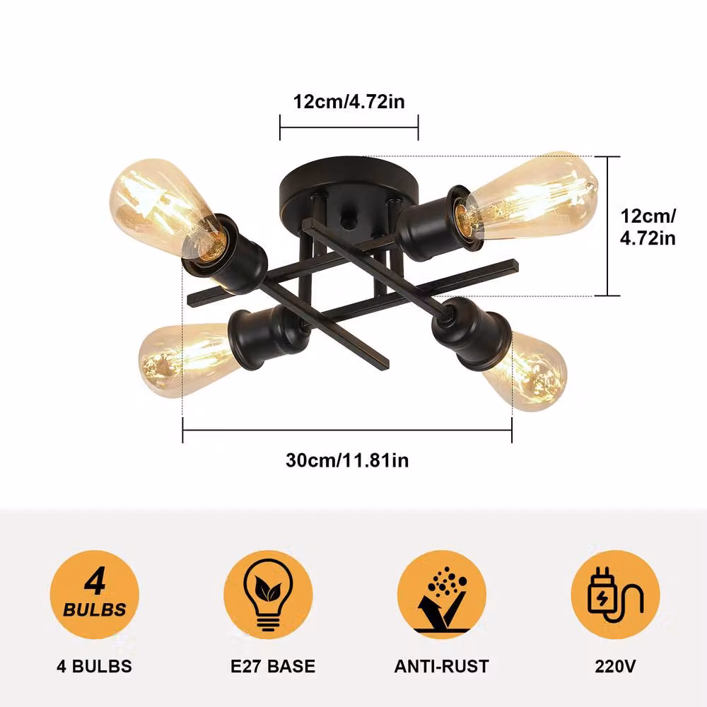Pheashine Black 4-Light Semi-Flush Ceiling Light, Industrial Metal Design, Diameter: 28 cm – 6