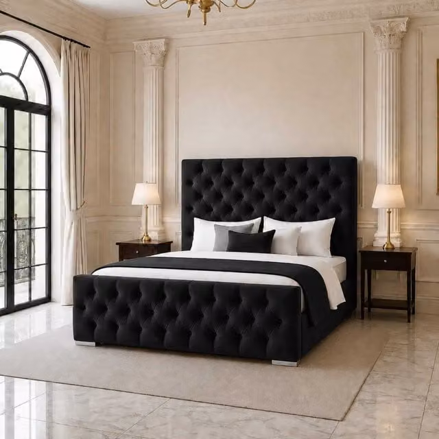 K Mehmood Enterprise Ltd Black Velvet Chesterfield Upholstered Bed Frame with Headboard and Footboard