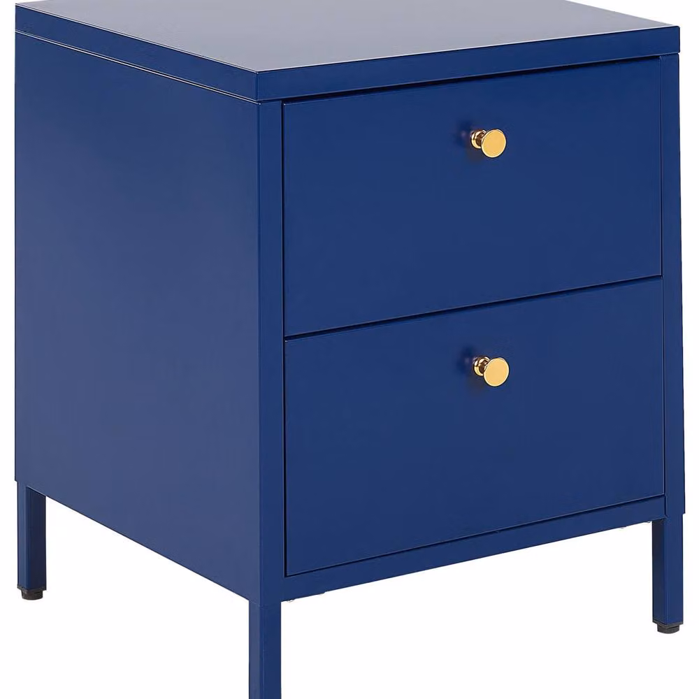Wyld and Coco Two-Drawer Industrial Glam Bedside Table in Blue and Gold – 2