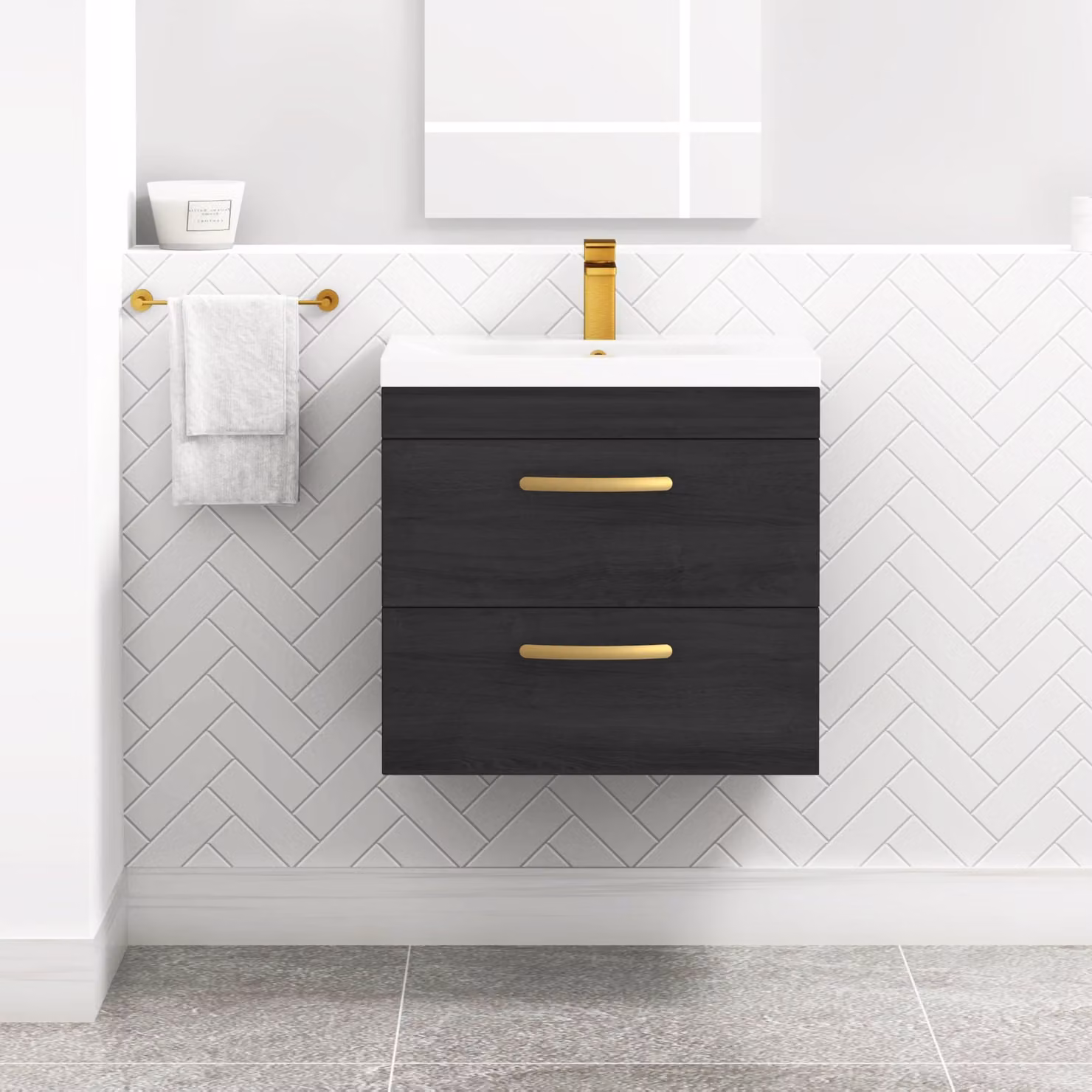 Royal Bathrooms Turin 600mm Wall Hung Vanity Unit in Hale Black with 2 Drawers and Brushed Brass Handles