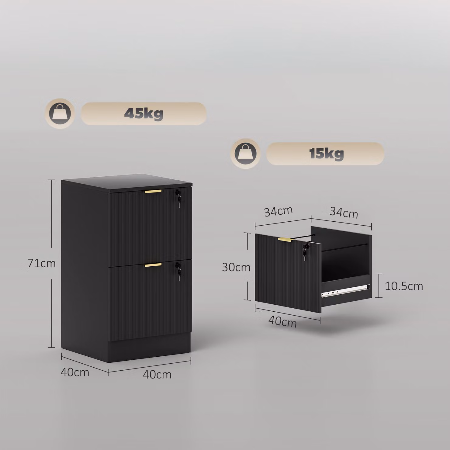 HOMCOM Modern Fluted Vertical Filing Cabinet with 2 Lockable Drawers and Hanging Rails, Black and Gold – 3