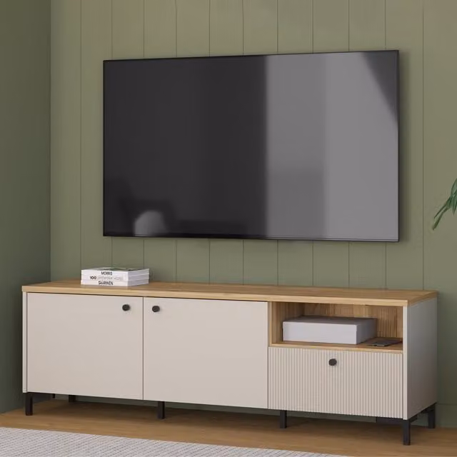 Furniture To Go Bixbite Wide TV Unit with Fluted Drawer, Open Shelf and Cupboard in Mauvella Oak and Sand