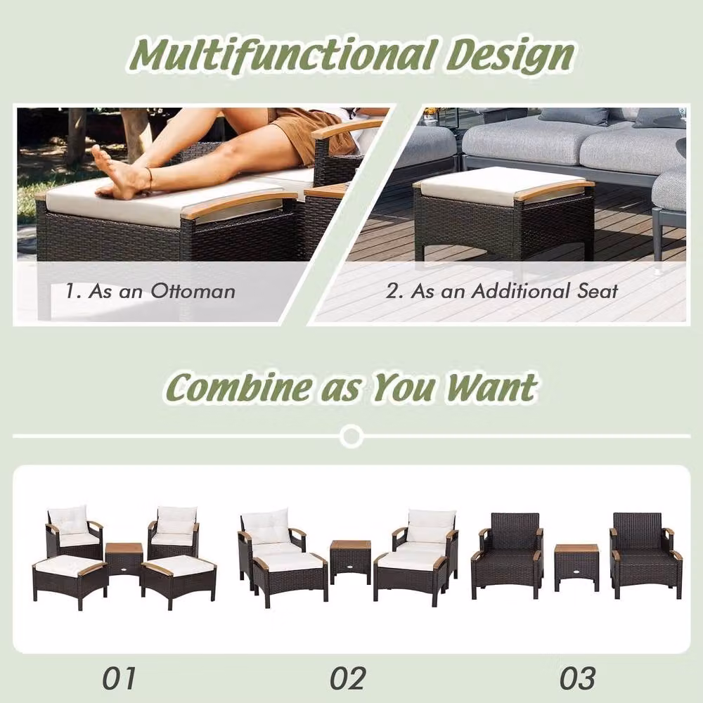 Costway 5-Piece Brown Rattan Patio Furniture Set with Upholstered Lounge Armchairs, Ottomans and Outdoor Coffee Table – 6