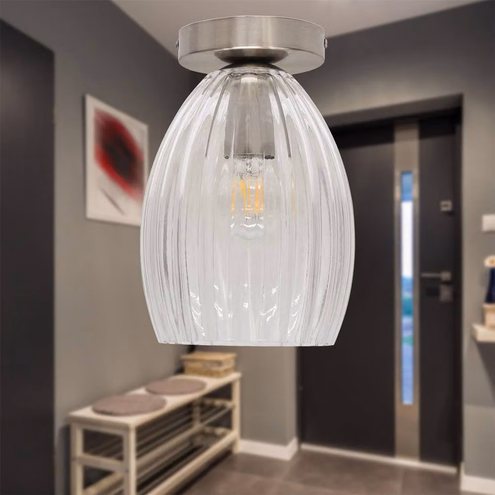 First Choice Lighting Birch Ceiling Light Fitting with Transparent Fluted Glass and Silver Satin Nickel Finish – 2