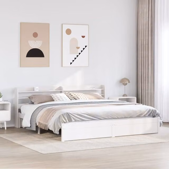 Berkfield Home White Pine Wood Bed Frame with Headboard and Side Compartments, 200 x 200 cm