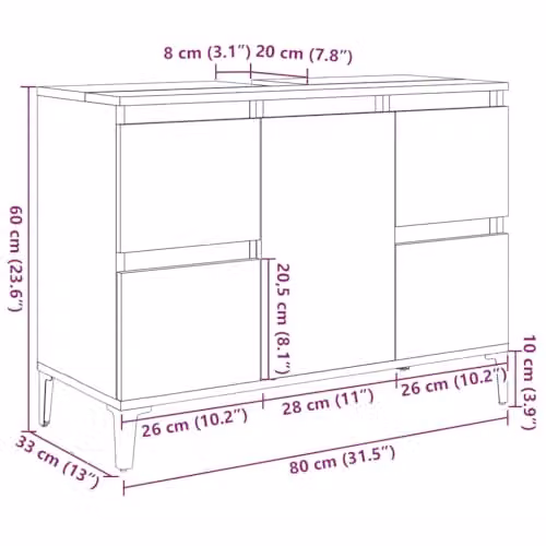 vidaXL Modern Freestanding Sink Cabinet in Old Wood Brown with Doors and Drawers, W/D/H: 80 x 33 x 60 cm – 3