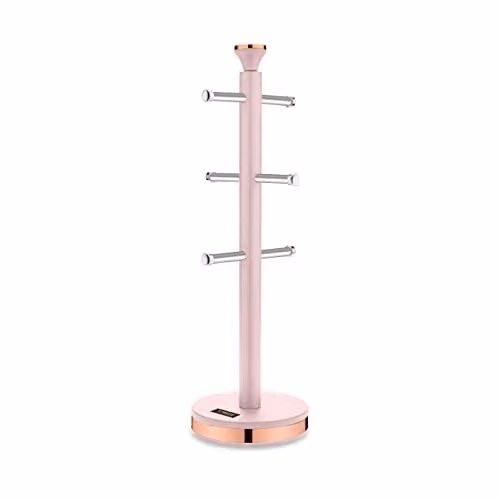 Tower Cavaletto Freestanding Mug Tree with Stainless Steel Stoppers and Anti-Slip Base, Pink and Gold, H 13.5 cm x W 13.5 cm x D 43.5 cm – 1