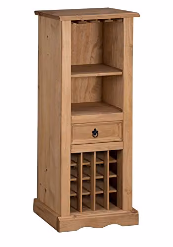 Mercers Furniture Corona Rustic Brown Waxed Pine Wine Rack with Drawer H 135 cm x W 56 cm x D 35 cm