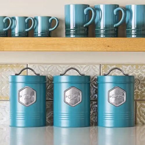 Cooks Professional 3 Piece Tea Coffee Sugar Canister Set in Petrol and Silver with Airtight Lids – 4