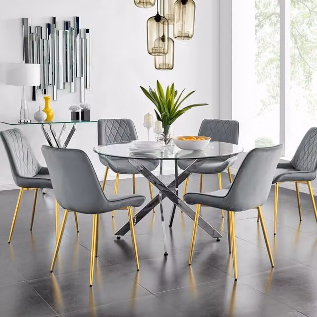 FurnitureboxUK Novara Gold Round Glass Dining Table and Six Pesaro Gold Leg Chairs in Grey