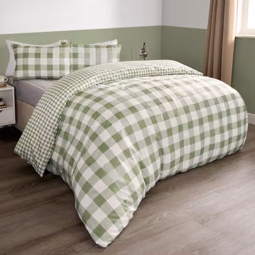 OHS Gingham Check Reversible Microfibre Duvet Cover and Pillowcase Set, Green and White, W/D/H: 200 x 200 cm – 2