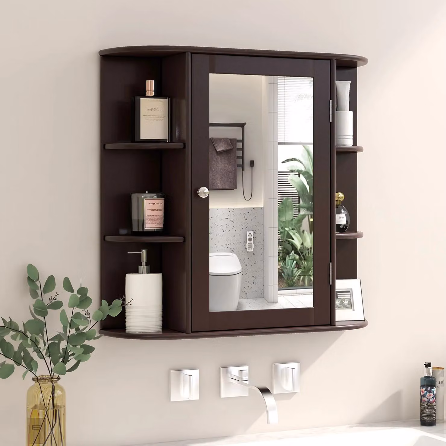 Gymax Modern Wooden Mirrored Bathroom Cabinet in Dark Brown – 4