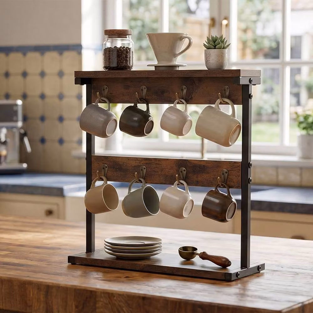 Levede Brown Mug Holder Stand and Coffee Cup Rack Organiser with Shelf – 3