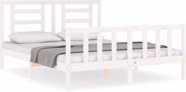 Berkfield Home Solid Wood Bed Frame with Headboard in White, W/D/H: 160 x 200 cm
