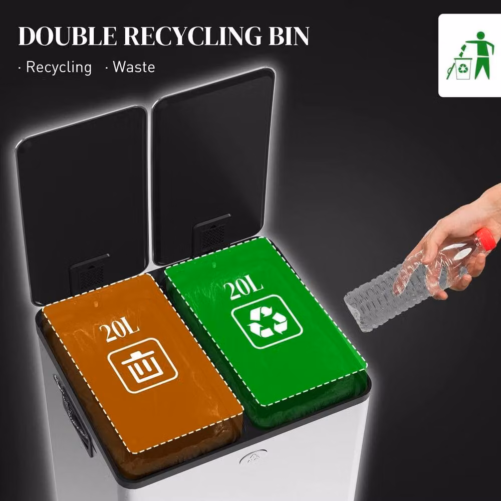 Havendro Dual Kitchen Pedal Bin for Recycling, 2 x 20L, Silver Stainless Steel – 3