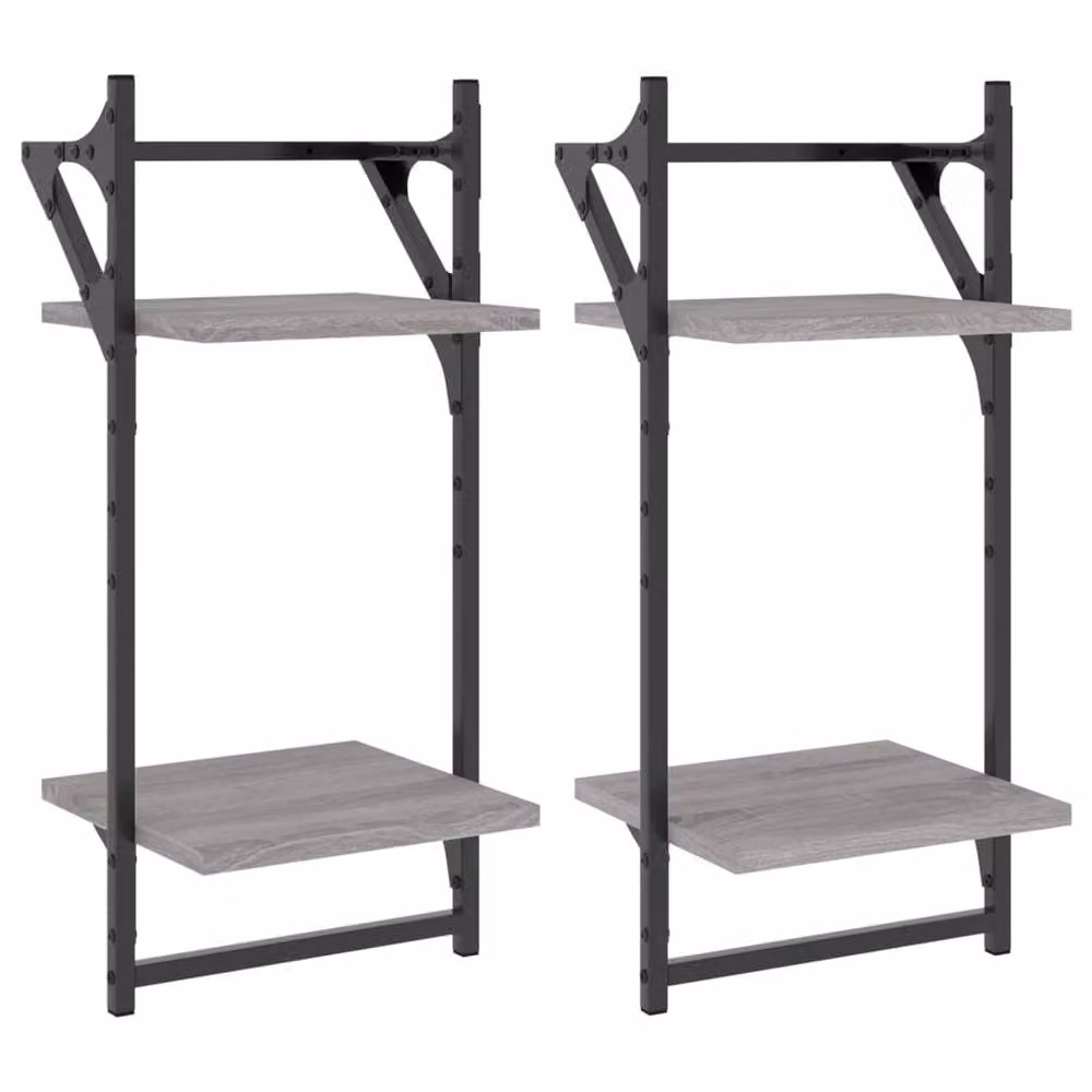 Berkfield Home Beautiful 2-Tier Wall Mounted Shelves with Bars, 2 Pieces, Grey Sonoma, W/D/H: 30 x 25 x 65 cm – 2
