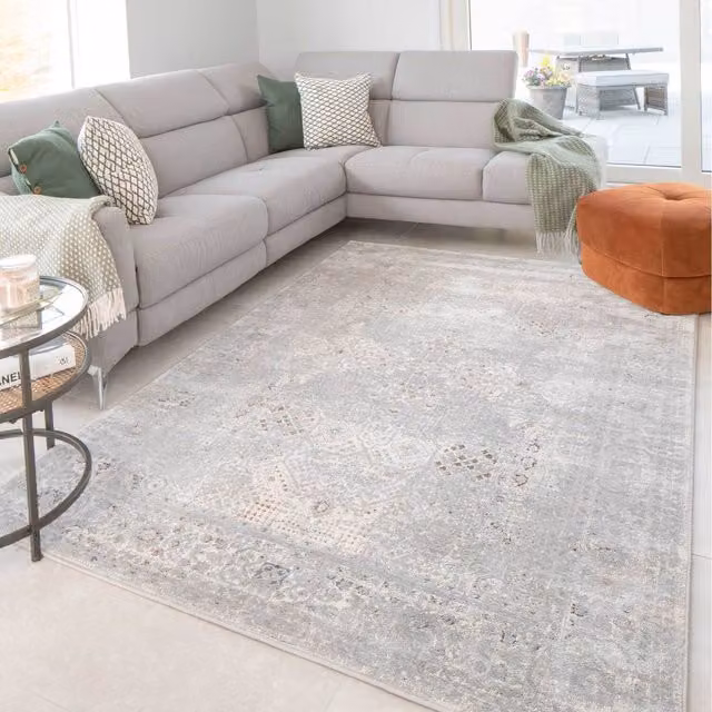 The Rug House Multicolour and Grey Distressed Bordered Medallion Modern Rectangular Living Area Rug W: 290 cm, D: 200 cm