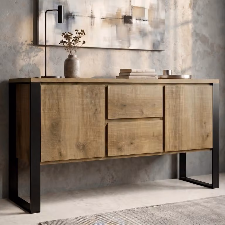 Millwright Industrial 2 Door Sideboard with 2 Drawers in Brown and Black, W: 150 cm, H: 80 cm, D: 40 cm
