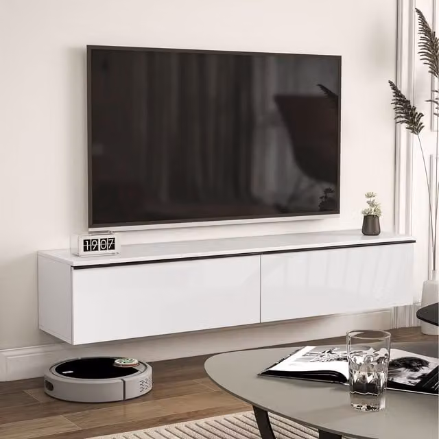 HOMCOM Modern Floating TV Unit Stand with High Gloss White Finish for TVs up to 70 inch
