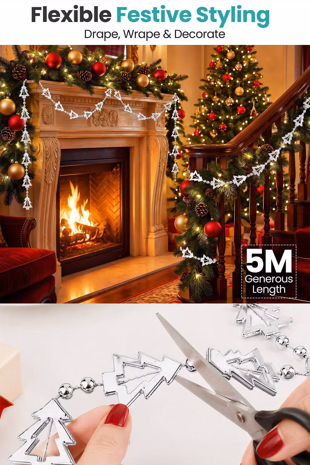Neel Blue 5m Silver Metallic Christmas Tree Bead Garland Hanging Chain – 5