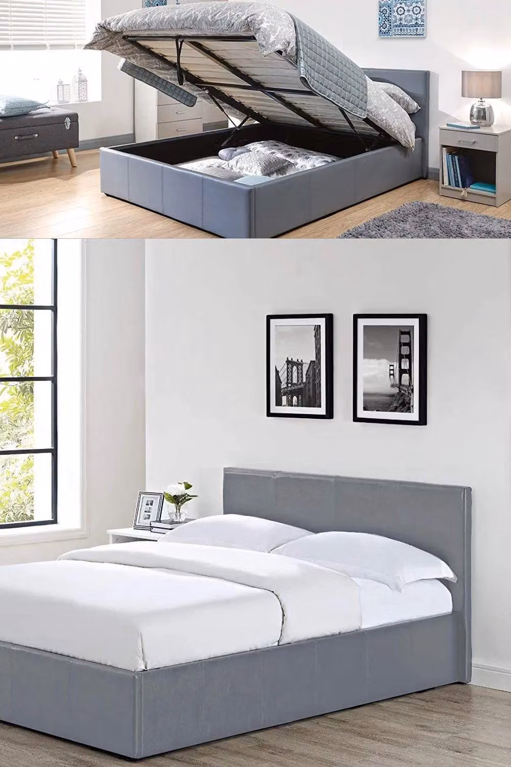 Modernique Faux Leather Ottoman Storage Bed in Grey, Small Double, W/D/H: 120 x 200 cm – 2