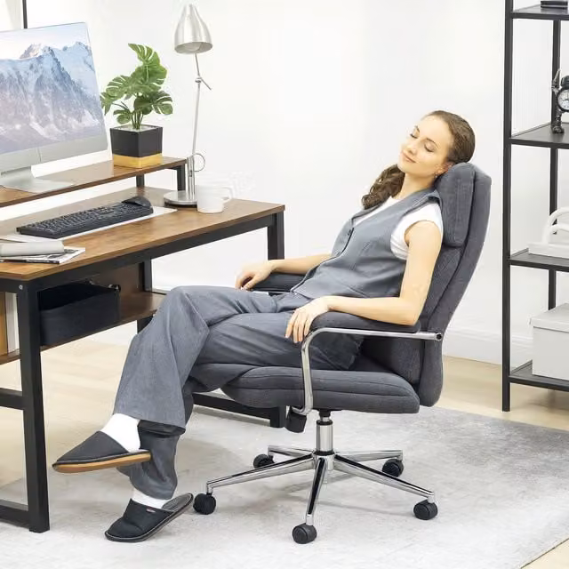 HOMCOM Modern Linen Fabric Office Task Chair with Headrest and Armrests in Charcoal Grey