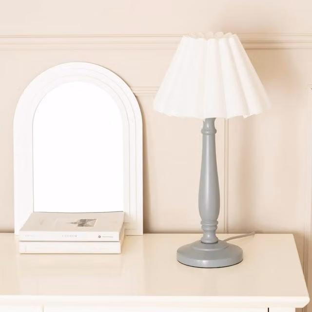 ValueLights Victoria Grey Wood Candlestick Stem Table Lamp with White Scallop Tapered Shade