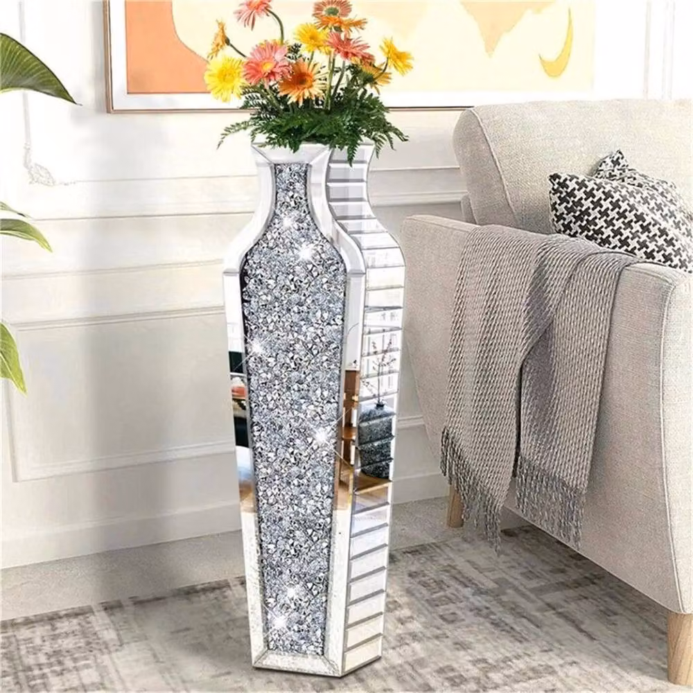 PAWNORA XL Crushed Diamond Mirrored Floor Vase in Silver – 4