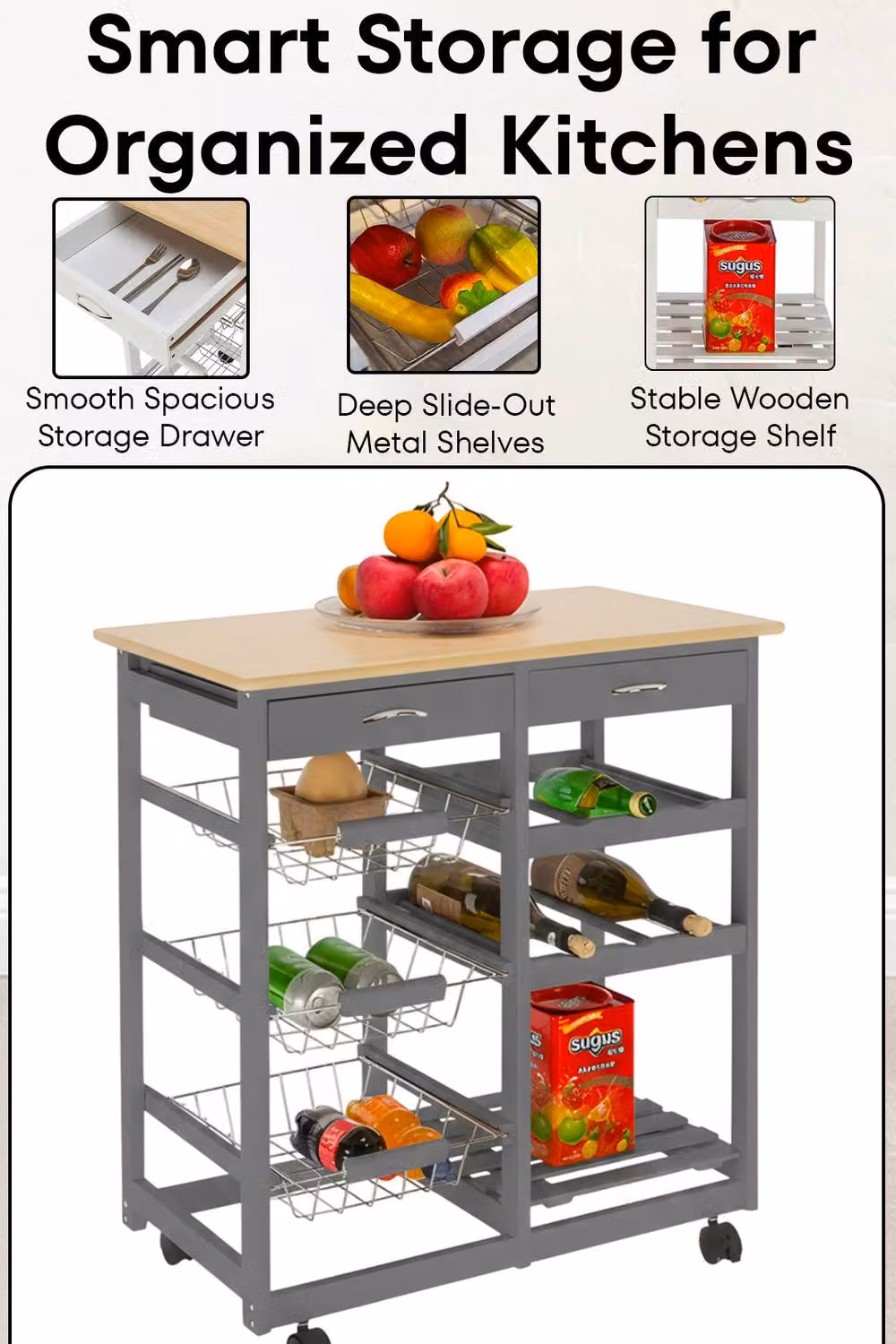 Hygrad Kitchen Trolley Island Dining Cart with Oak Worktop and Basket Storage in Grey, W/D/H: 76 x 37 x 66 cm – 2