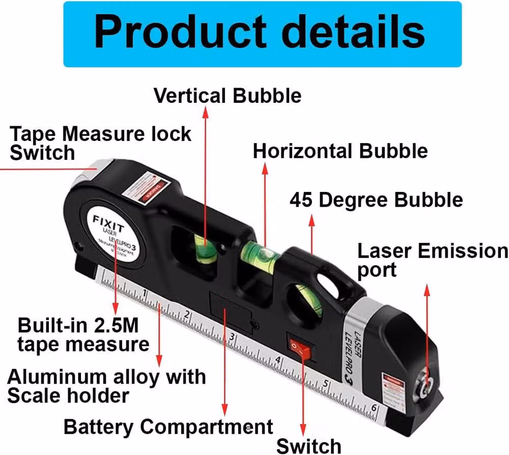 ATEK Multipurpose Laser Level and Spirit Level with 2.44 m Measuring Tape in Black – 5